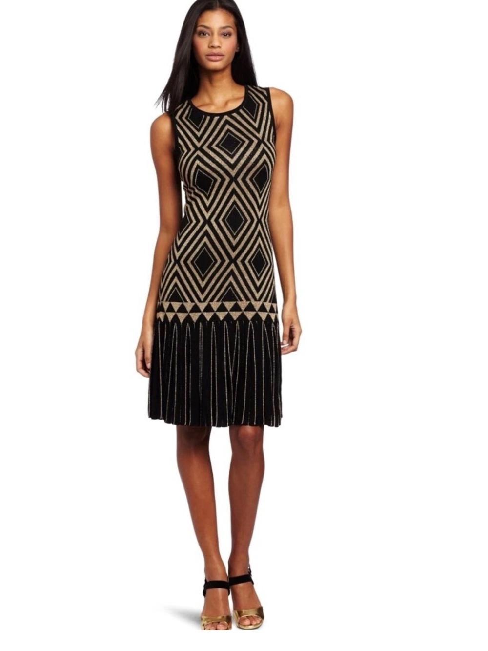 Ted Baker London Drop Waist Knit Dress Gold Black Metallic Art Deco Jacquard 10